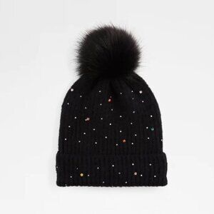 NWT Aldo black knit beanie hat w/ crystal embellishments & faux fur pom pom